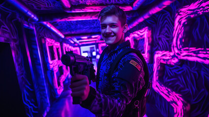 Fototapeta na wymiar laser tag player holding gun shooting light in blackground