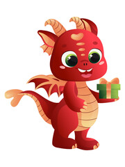 Cute dragon character holding a gift in his hand. Symbol of the New Year, event. Dragon in cartoon style, sticker
