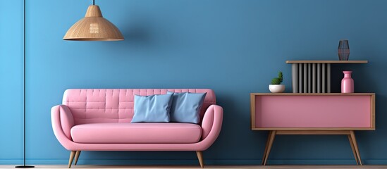 Cozy living room with blue couch pink lamp and wooden shelves on wall copy space image