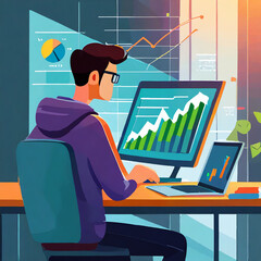 Man working on a laptop showing stock and business charts and graphs