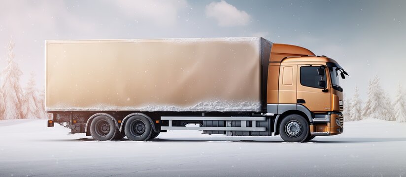 Description of contemporary big brown truck Winter truck frosty and snowy copy space image