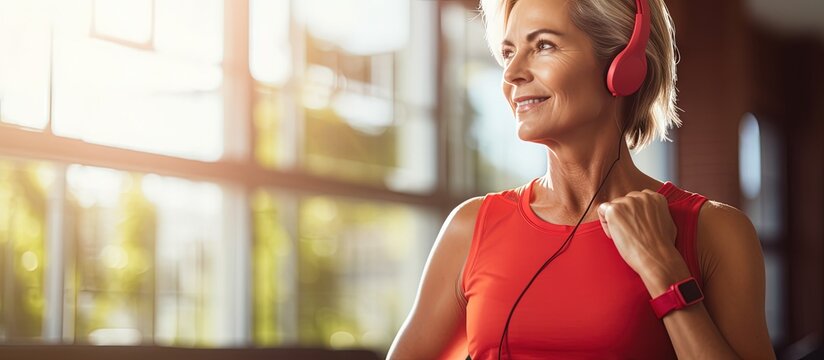 Energetic middle aged woman preparing for outdoor exercise copy space image