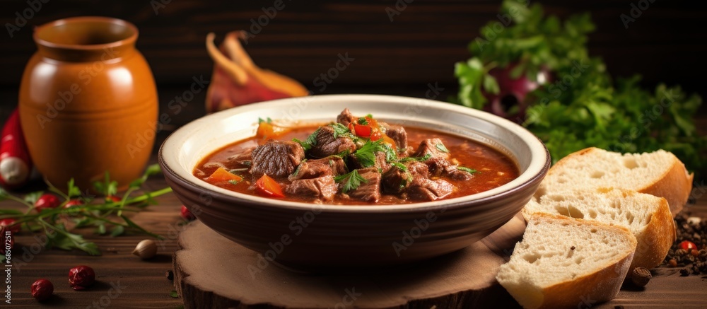 Poster home cooked goulash soup on a rustic table copy space image
