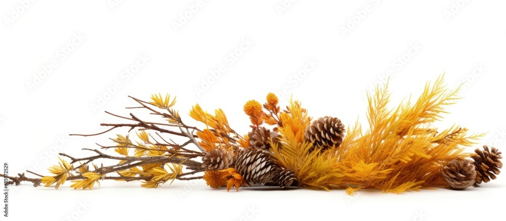 Poster dead pine branch and yellow autumn conifer needles isolated on white copy space image