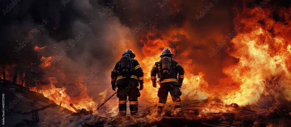 Poster courageous firefighters combat fire bomb explosion copy space image