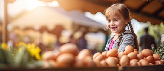 Little girl purchasing organic eggs at a farmers market copy space image - Powered by Adobe