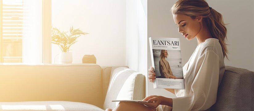 Homebound young woman reading magazine design banner copy space image