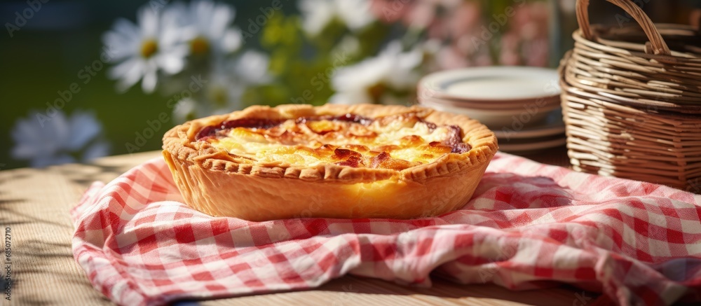 Aufkleber french quiche in a striped napkin placed in a rattan basket with selective focus copy space image