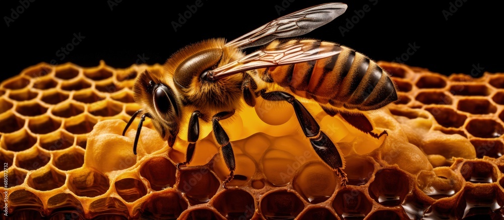 Poster honey filled honeycomb carried by a specialized bird that eats bees without getting stung copy space