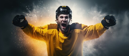 Ice hockey player celebrates victory on the rink becoming a champion through effort and determination copy space image