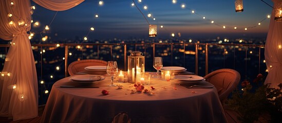 Intimate proposal spot park tent with candles and garlands copy space image - obrazy, fototapety, plakaty