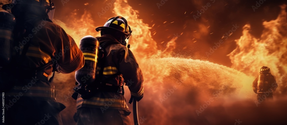 Poster firefighters using high pressure water to fight fires during training copy space image