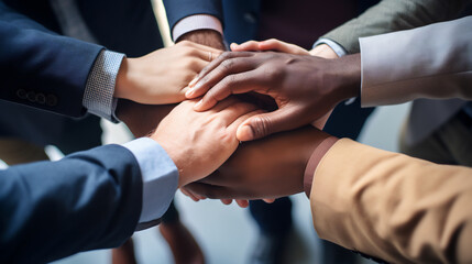 Close up of a group of business people putting their hands together at meeting room. Stack of hands. Unity and teamwork concept.