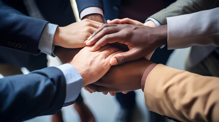 Fototapeta premium Close up of a group of business people putting their hands together at meeting room. Stack of hands. Unity and teamwork concept.