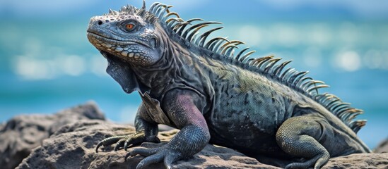 Galapagos marine iguana on volcanic rocks copy space image