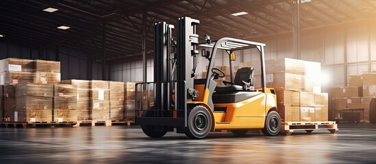 Loading and unloading cargo with a forklift onto a container at the warehouse dock copy space image - obrazy, fototapety, plakaty