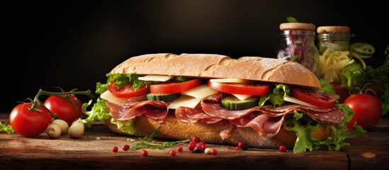 Lettuce tomato salami hummus and cheese on a sandwich copy space image