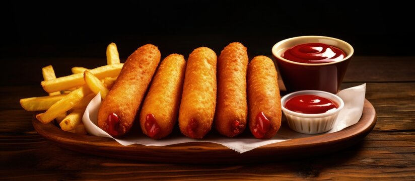 Corn dogs fries ketchup and mustard made at home copy space image
