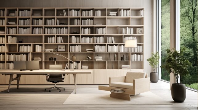 A minimalist office library photo realistic illustration - Generative AI.