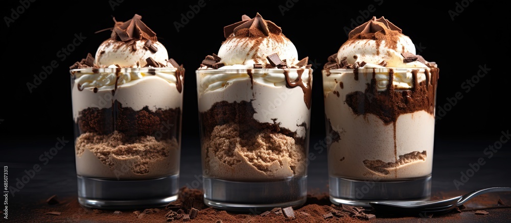 Poster italian semifreddo dessert with chocolate coffee whipped cream and cocoa in small glasses copy space
