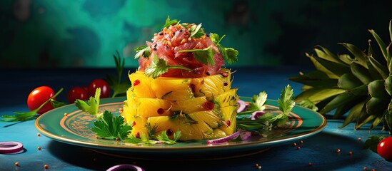 Gourmet tuna salad with mango cilantro purple onion on blue plate with tropical leaves copy space image