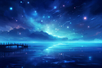 The sky and the sea at night Among the stars that shine brightly to be seen at night.