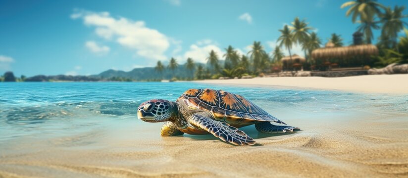 Hawksbill turtle in Brazil s Madeiro beach copy space image
