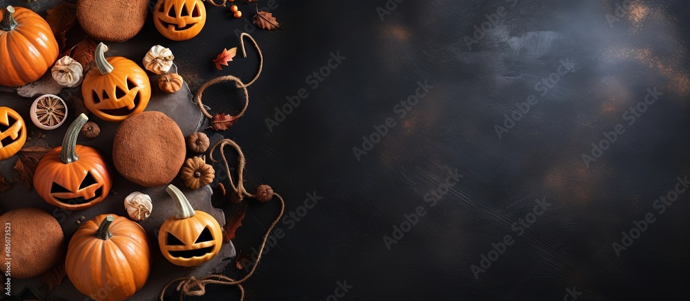 Poster gorgeous halloween gingerbread and pumpkin on table seen from above copy space image