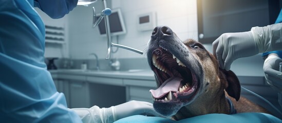 Dog s teeth with tartar being examined by a vet in a pet clinic copy space image