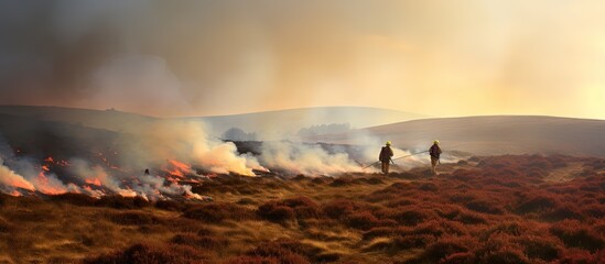 Firefighters handling a massive grassfire in Welsh upland moors copy space image - obrazy, fototapety, plakaty