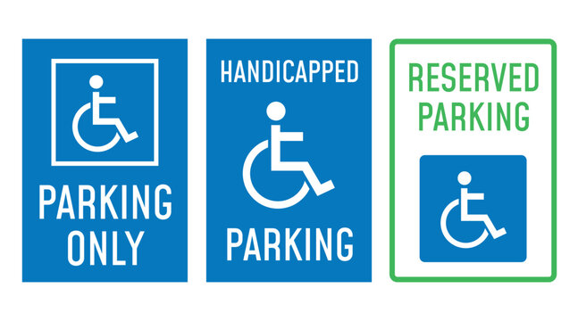 disabled parking signs with handicapped symbol, parking places reserved for disabled person