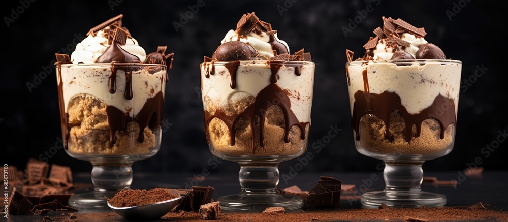 Poster italian semifreddo dessert with chocolate coffee whipped cream and cocoa in small glasses copy space