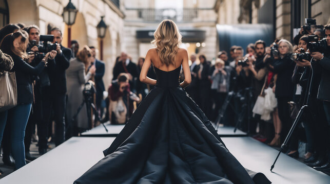 Back view of celebrity in black dress turning posing for paparazzi on red carpet