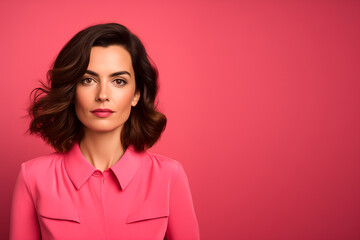 Fototapeta premium a European woman in her 30s. pink background