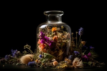 Obraz na płótnie Canvas Herbs flowers bottle. Nature care plant herbal basil. Generate Ai