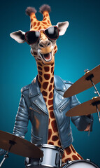 Schlagzeug spielende Giraffe vor blauen Hintergrund - obrazy, fototapety, plakaty