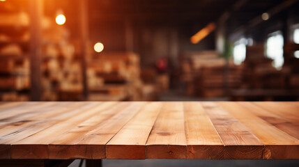 Empty wooden table top with blur wine cellar background - obrazy, fototapety, plakaty