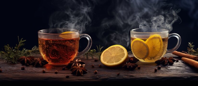Healing hot tea made with lemon honey and thyme for fall and winter seasons copy space image