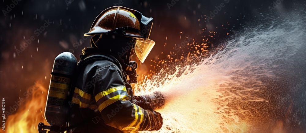 Aufkleber firefighters training and using high pressure water to fight fires in emergency situations copy spac