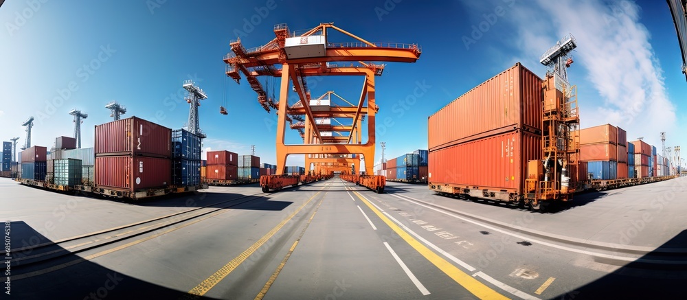 Poster gantry crane moves containers from storage to ship bay using a fish eye lens copy space image