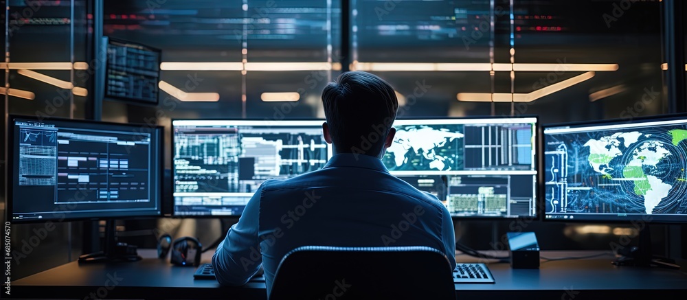 Poster IT engineer working with multiple monitors in advanced data center copy space image