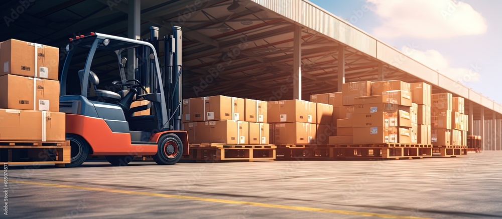 Aufkleber logistics and transportation involving cargo boxes a freight truck and a hand pallet jack with cardb