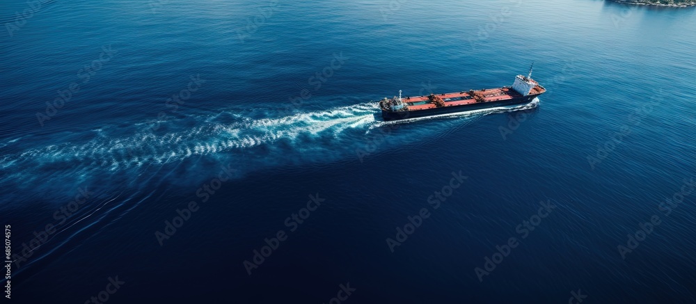 Aufkleber drone captures tug boat towing empty barge at sea copy space image