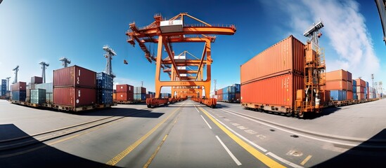 Gantry crane moves containers from storage to ship bay using a fish eye lens copy space image