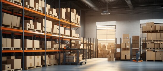 Contemporary shelved warehouse with boxes copy space image