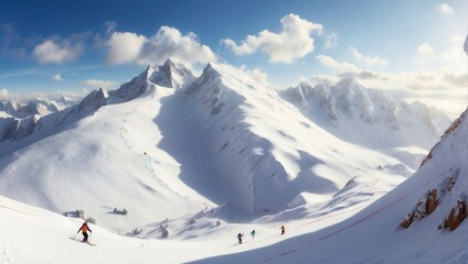 Skiers navigate a vast, snowy mountain landscape with clear skies