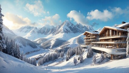 Luxurious ski resort with modern architecture set against a backdrop of snowy peaks and frosted pines under a serene sky - obrazy, fototapety, plakaty
