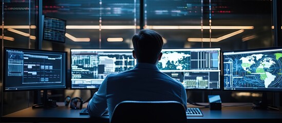 IT engineer working with multiple monitors in advanced data center copy space image