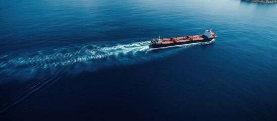 Drone captures tug boat towing empty barge at sea copy space image - obrazy, fototapety, plakaty