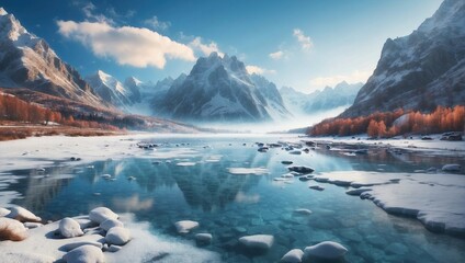 Fototapeta na wymiar Majestic mountain landscape with a frozen lake and autumnal forests under a serene sky